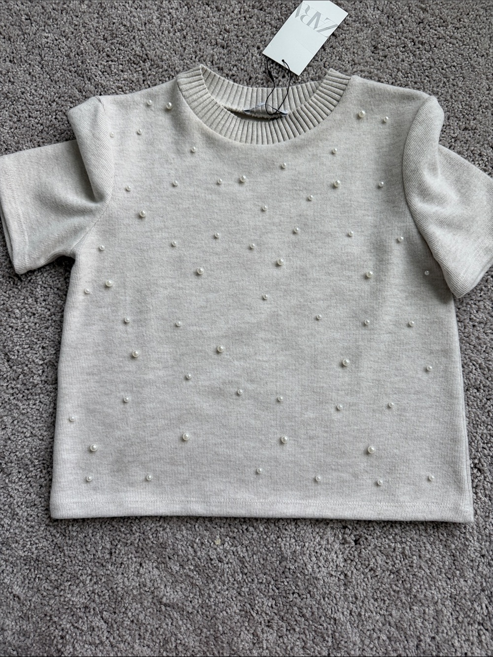 Zara Pearl-Embellished Short Sleeve Knit Top - Cream